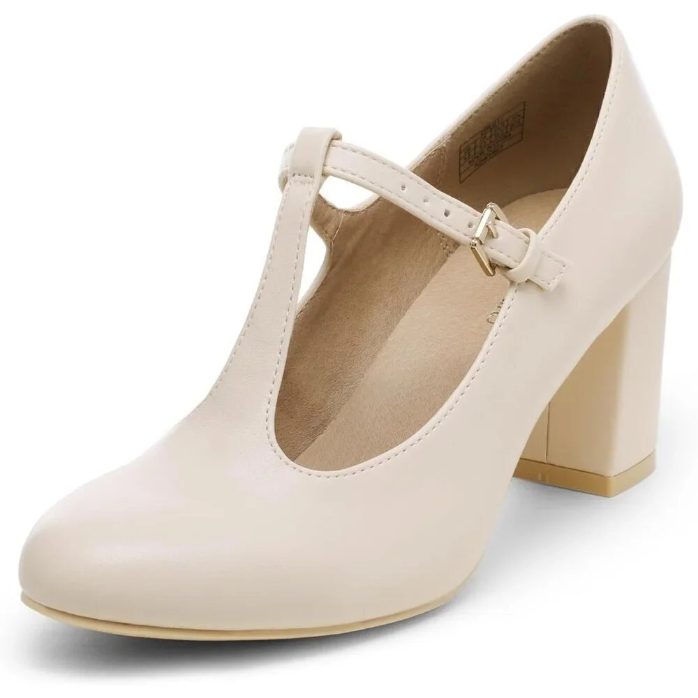 Low Chunky Heels for Women T-Strap Pumps Closed Toe Wedding Dress  Shoes